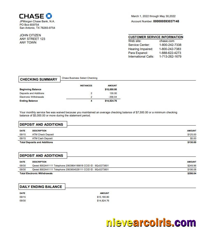 Premium USA Chase Bank Statement Word And PDF Template, Version 3