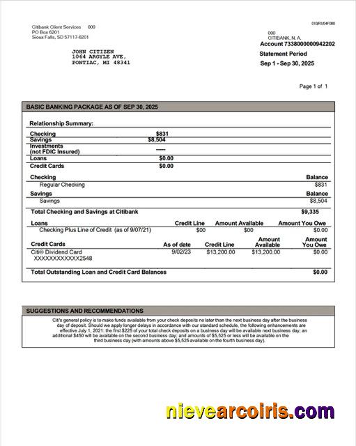 Realistic USA Citibank Account Statement Word And PDF Template, Version 2