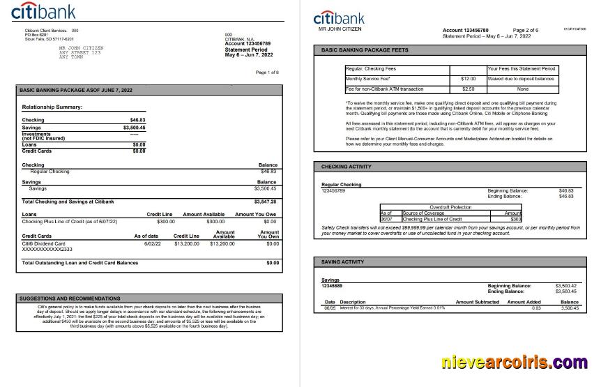 Editable USA Citibank Bank Statement, Word And PDF Template, 6 Pages