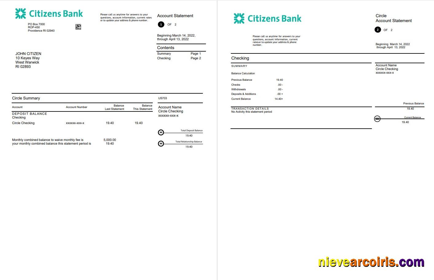 Premium USA Citizens Bank Statement Word And PDF Template, 2 Pages