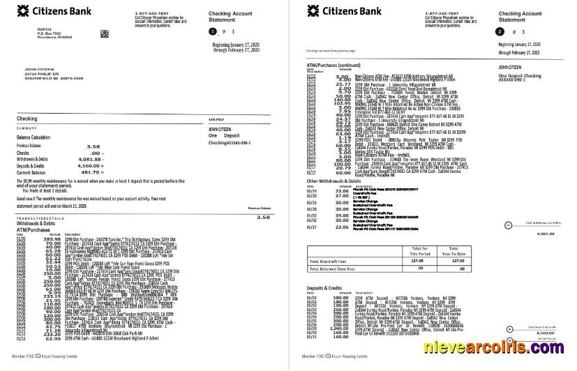 Editable USA Citizens Bank Statement Template In Word And PDF Format, (4 Pages) Good For Address Prove