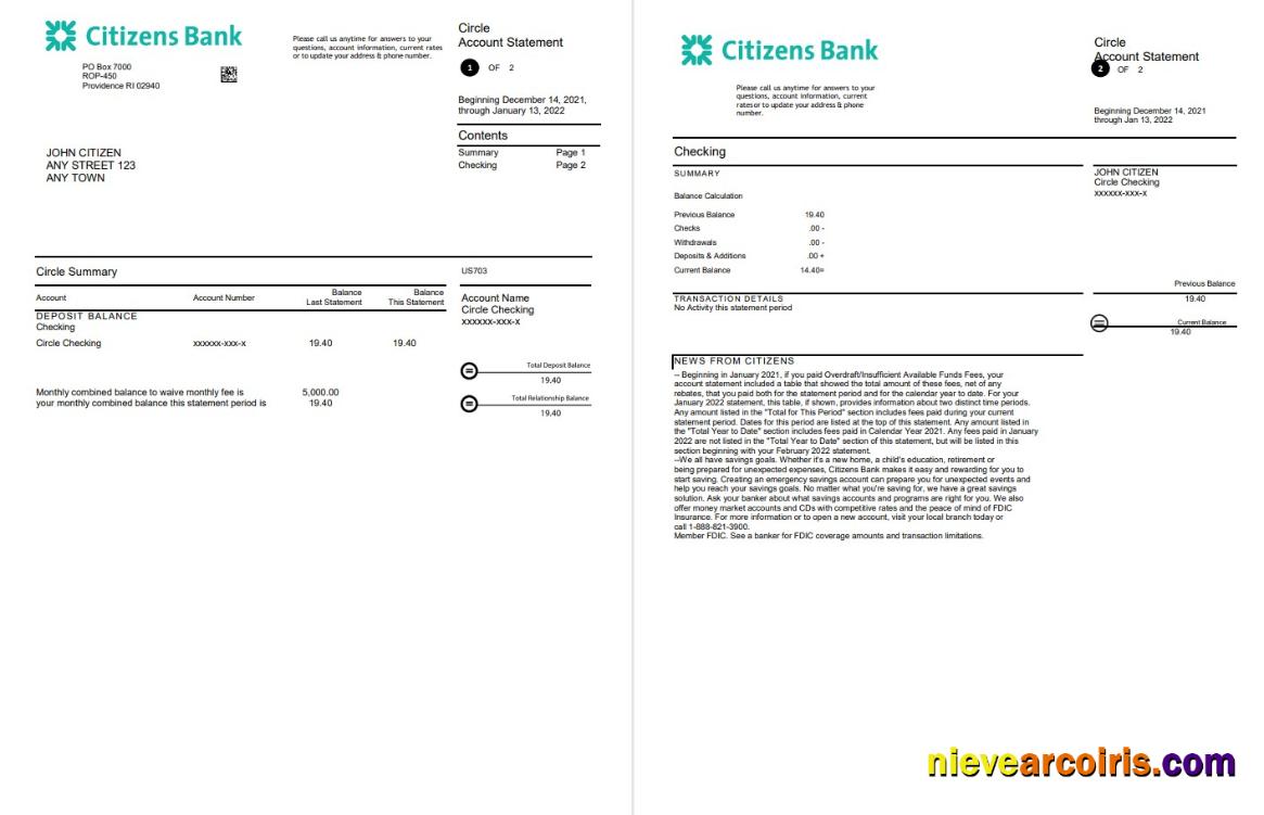 Editable USA Citizens Bank Statement, Word And PDF Template, 4 Pages