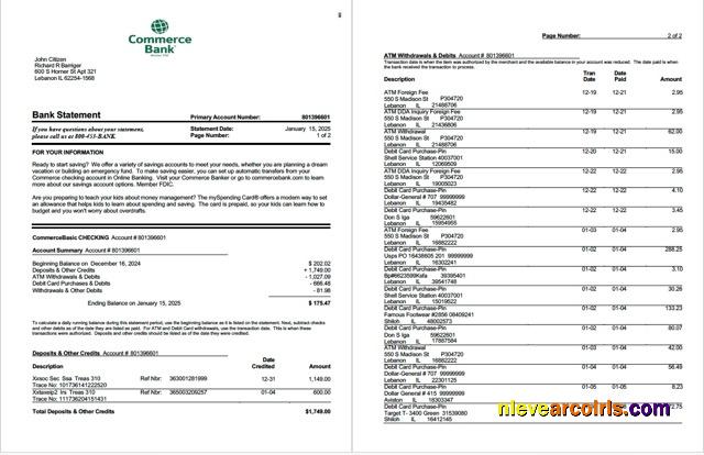 Professional USA Commerce Bank Statement Word And PDF Template, 2 Pages