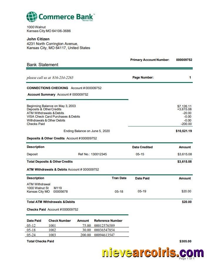 Professional USA Commerce Bank Proof Of Address Statement Template In Word And PDF Format
