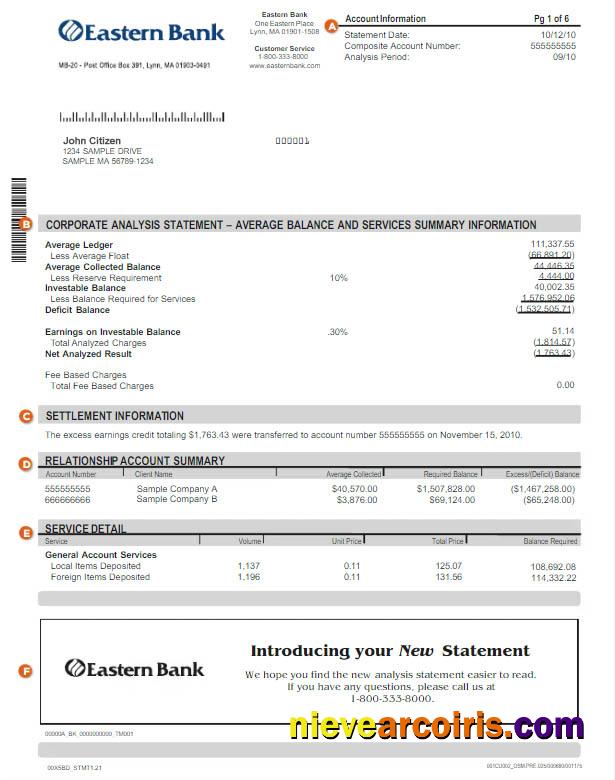 Realistic USA EASTERN BANK Statement Word And PDF Template