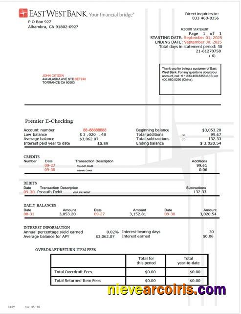 Realistic USA East West Bank Account Statement Word And PDF Template