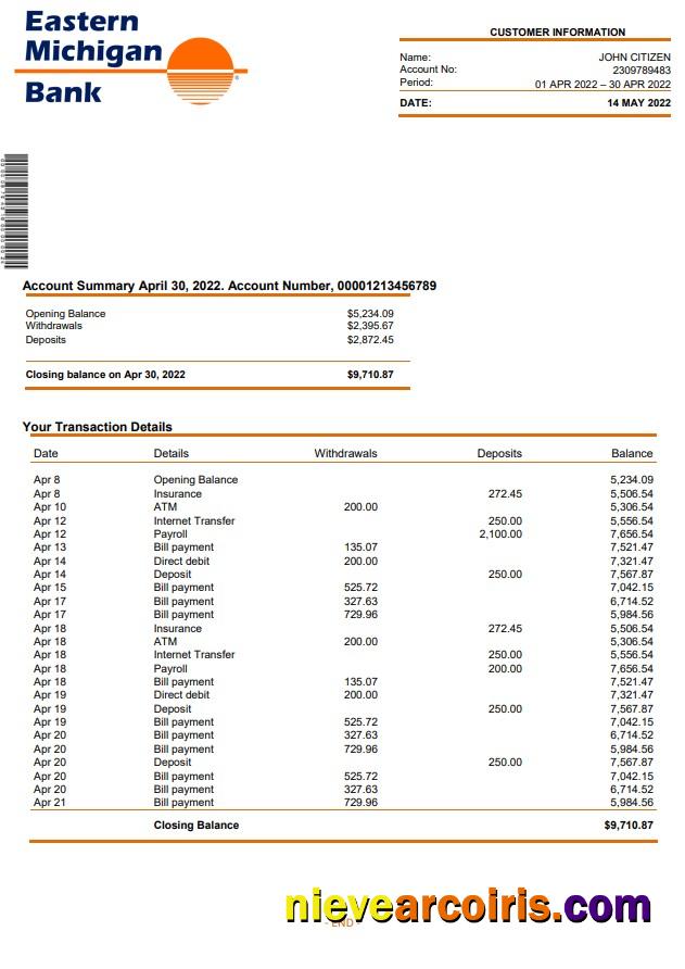 USA Eastern Michigan Bank Statement Template