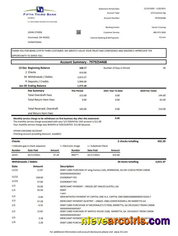 Editable USA Fifth Third Bank Statement Easy To Fill Template In .xls And .pdf File Format