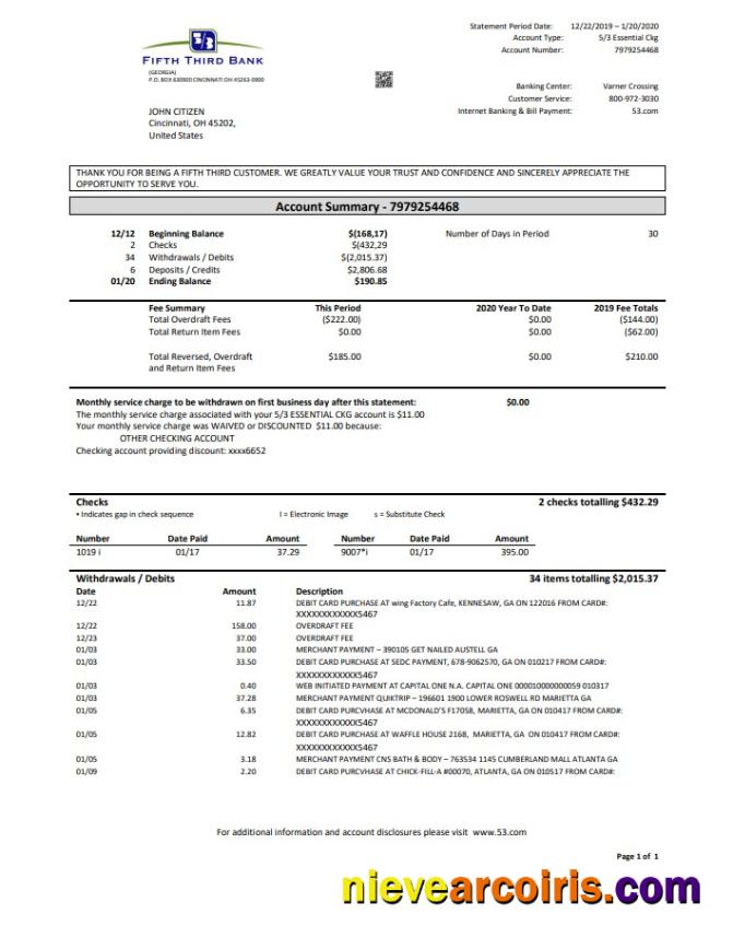 USA Fifth Third Bank Statement In Word And PDF (.doc And .pdf) Format, Good For Address Prove Photolook