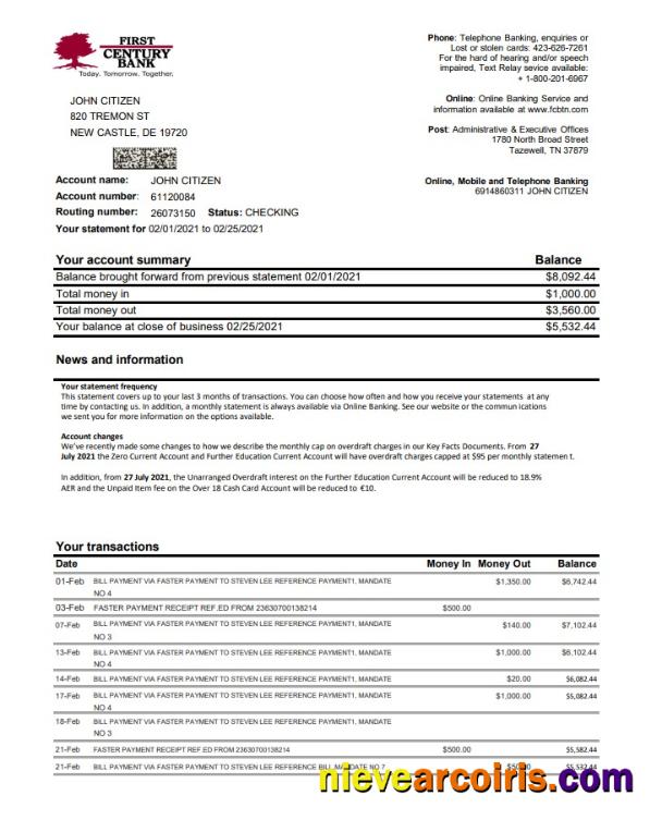USA First Century Bank Excel Pdf Sample