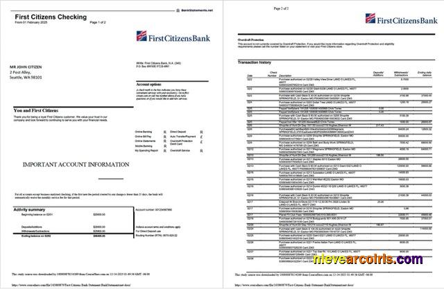 Professional USA First Citizens Bank Statement Word And PDF Template, 2 Pages