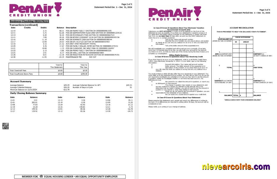 USA Florida PenAir Credit Union Bank Statement, 3 Pages 2 Sample