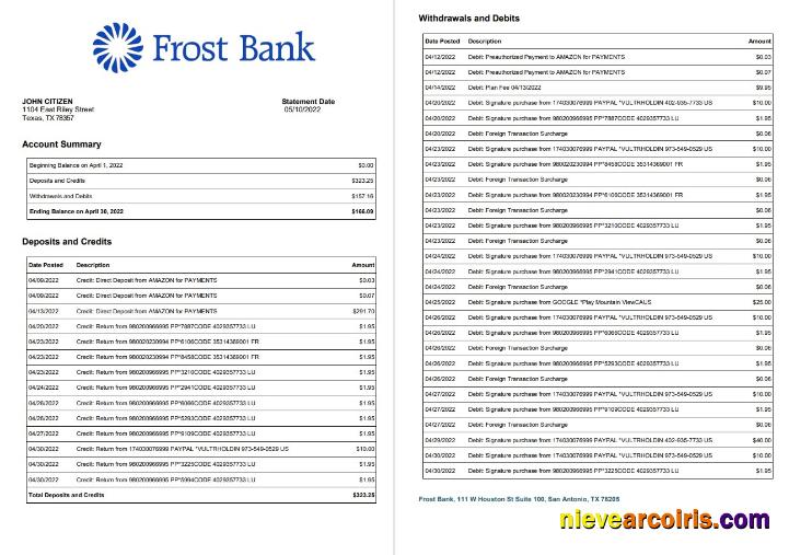 USA Frost Bank Statement, 2 Pages Template