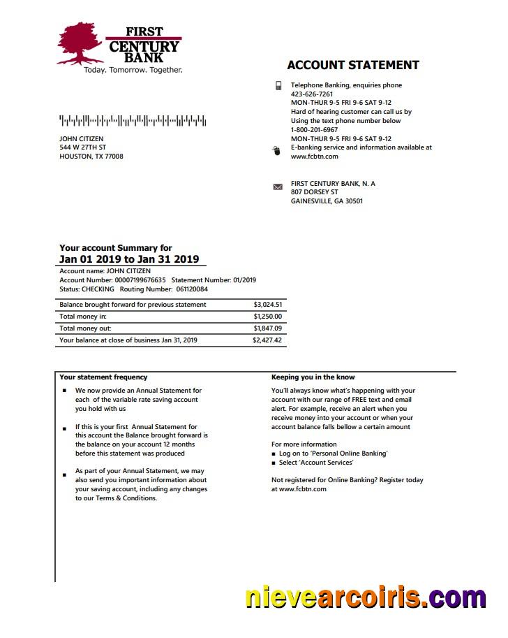 USA Georgia Gainesville First Century Bank Statement Sample