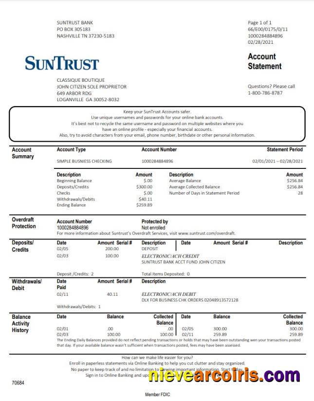 Realistic USA Georgia SunTrust Bank Proof Of Address Statement Template In .doc And .pdf Format