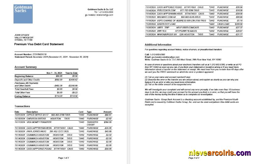 Realistic USA Goldman Sachs Bank Premium Visa Debit Card Statement Word And PDF Template