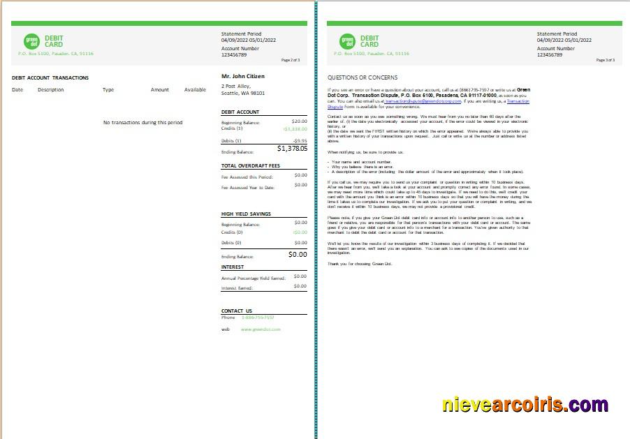 Professional USA Green Dot Bank Statement Word And PDF Template, 3 Pages