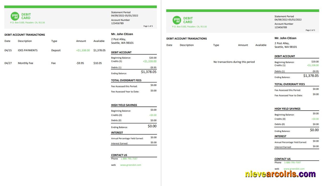 USA Green Dot Bank Statement, 3 Pages Template