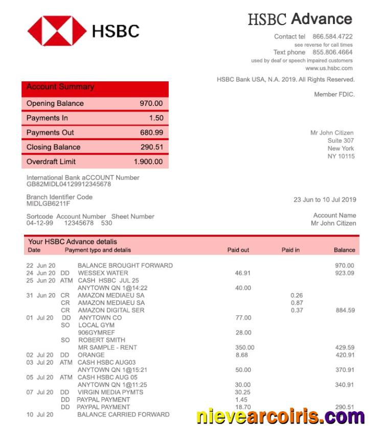 Editable USA HSBC Bank Statement Template, Fully Editable In PSD Format