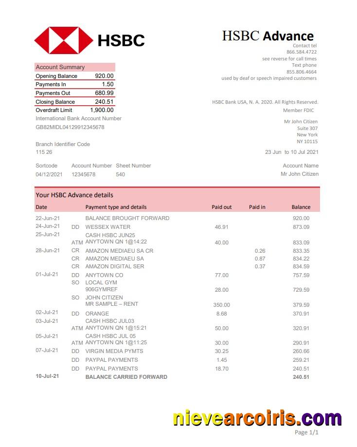 USA HSBC Excel Pdf Template