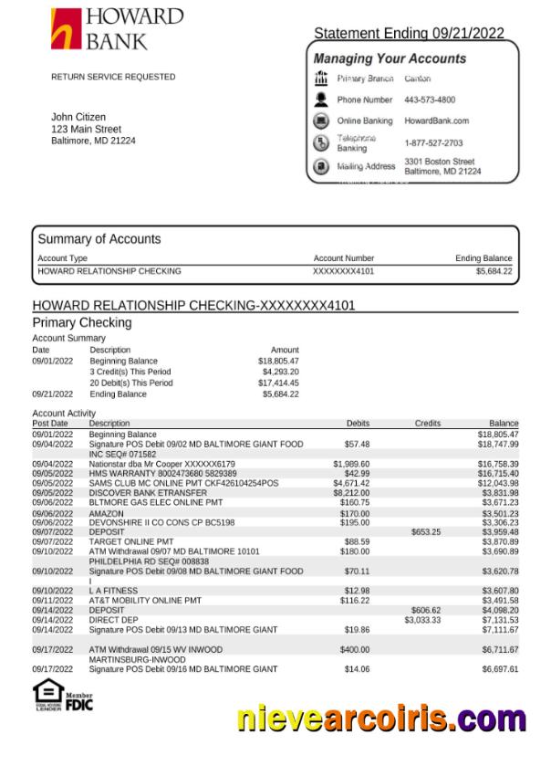 Professional USA Howard Bank Statement Word And PDF Template