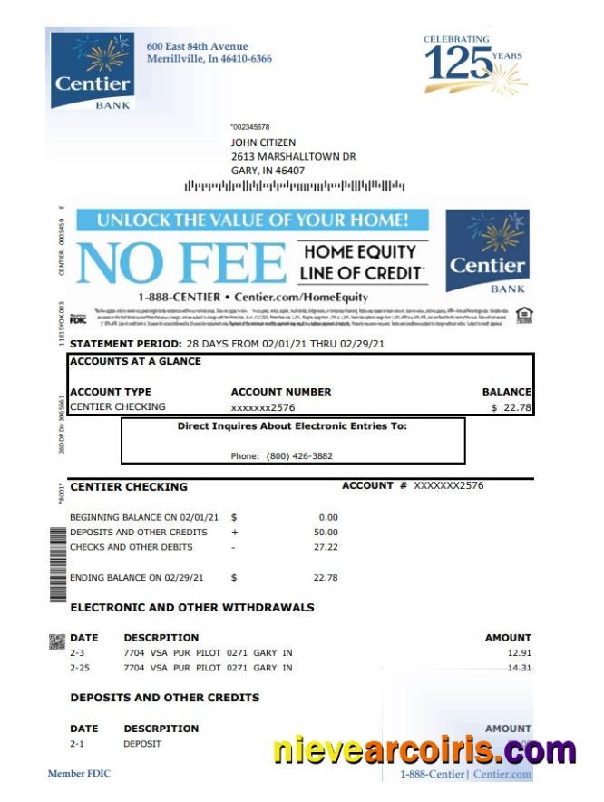 Editable USA Indiana Centier Bank Statement Template In Excel And PDF Format
