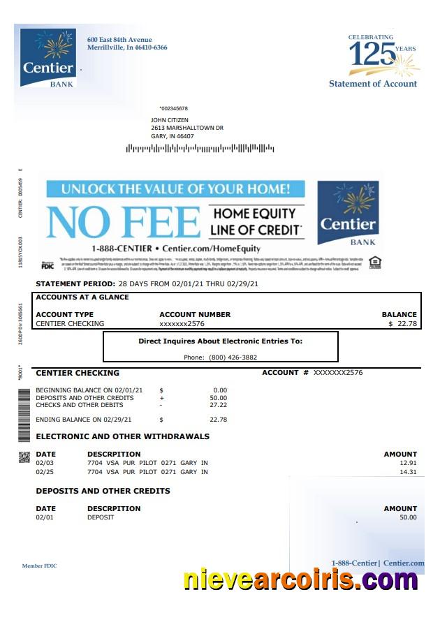USA Indiana Centier Bank Word Pdf Sample