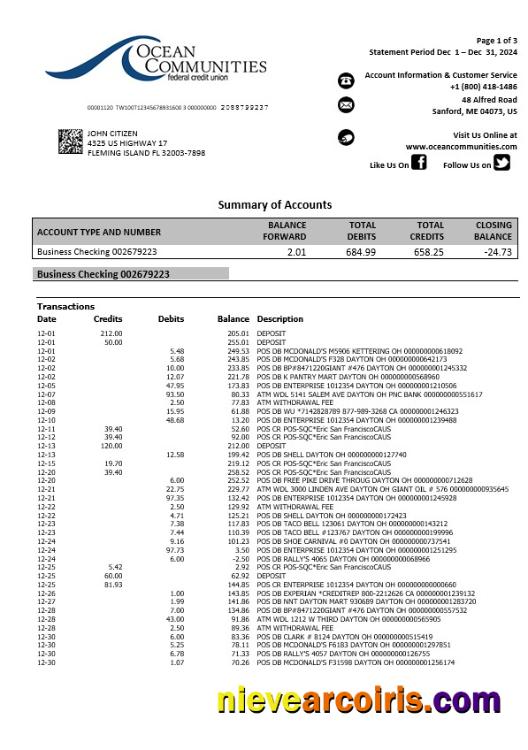 USA Maine Ocean Communities Federal Credit Union Bank Statement, 3 Pages Sample