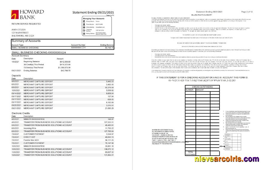 Editable USA Maryland Howard Business Bank Statement Template, Excel And PDF Format (.xls And .pdf) (4 Pages)