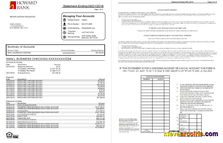 Editable USA Maryland Howard Business Bank Statement Template, Word And PDF Format (.doc And .pdf) (4 Pages)