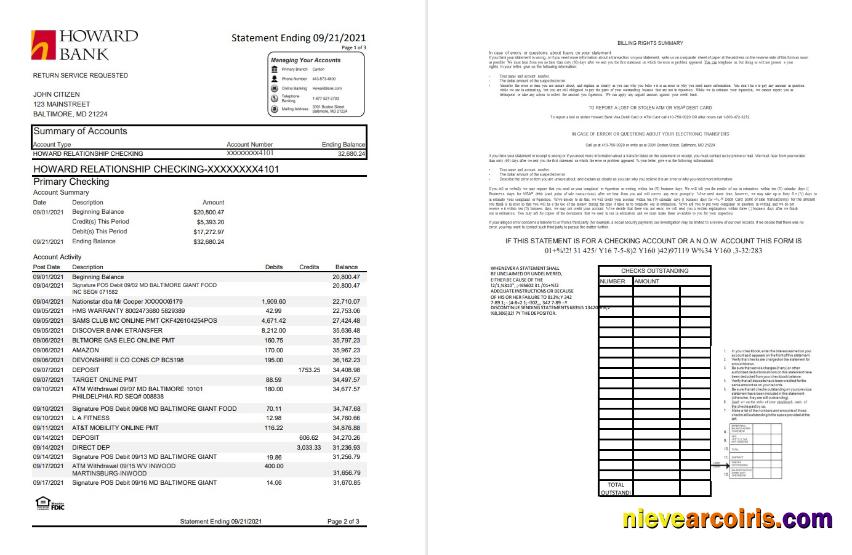 Premium USA Maryland Howard Personal Bank Statement Template, Excel And PDF Format (.xls And .pdf) (4 Pages)