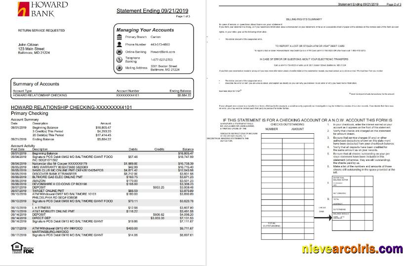 Editable USA Maryland Howard Personal Proof Of Address Bank Statement Template In Word And PDF Format (4 Pages)