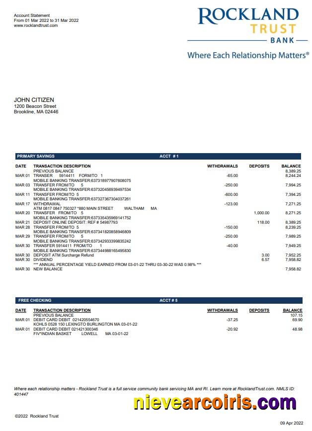 USA Massachusets Rockland Trust Bank Statement Template
