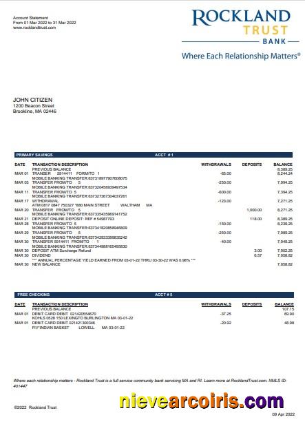 Realistic USA Massachusetts Rockland Trust Bank Statement Word And PDF Template