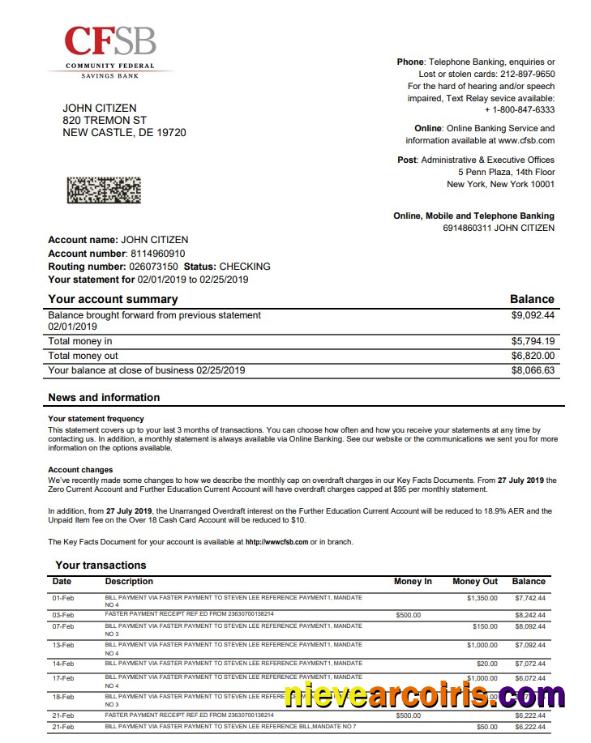 USA New York CFSB Bank Statement Template