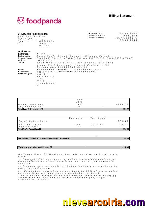 Editable USA New York Foodpanda Billing Statement Word And PDF Template, 4 Pages