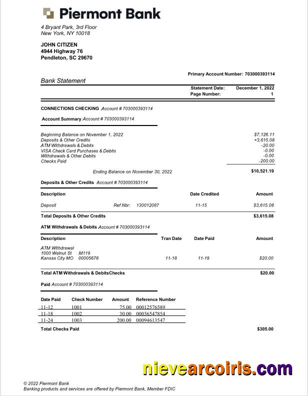 Realistic USA New York Piermont Bank Statement Word And PDF Template