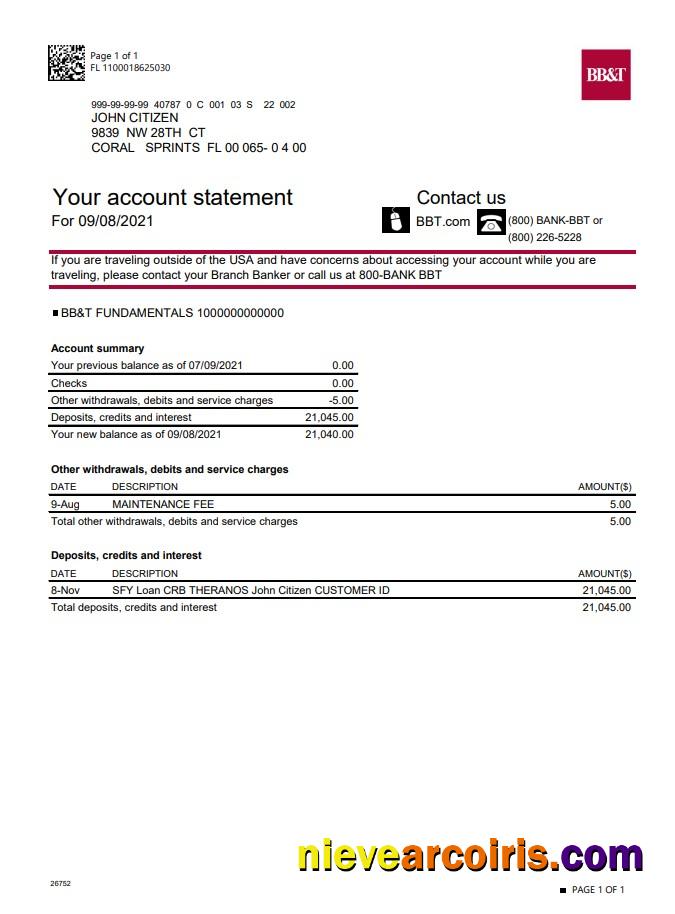 Professional USA North Carolina BB&T Corp. Bank Account Statement Template In Excel And PDF Format