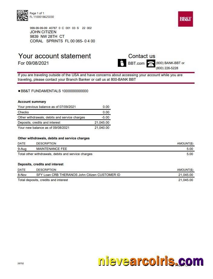Professional USA North Carolina BB&T Corp. Bank Account Statement Template In Word And PDF Format