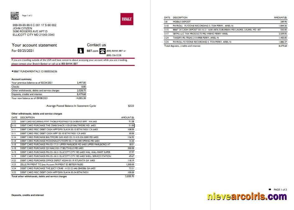 Editable USA North Carolina BB&T Corp. Bank Statement Template In Excel And PDF Format (2 Pages)