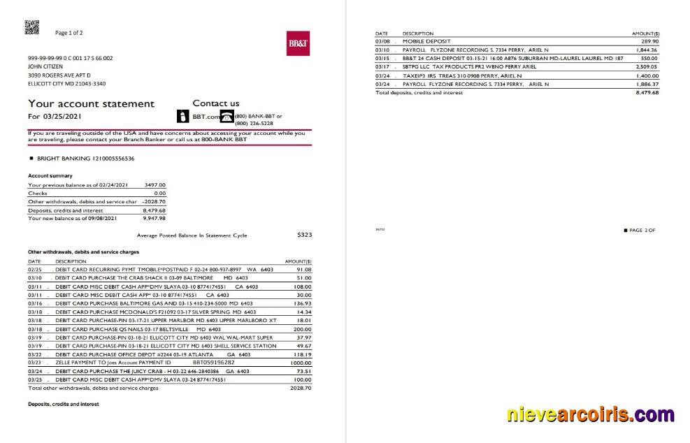Premium USA North Carolina BB&T Corp. Bank Statement Template In Word And PDF Format (2 Pages)