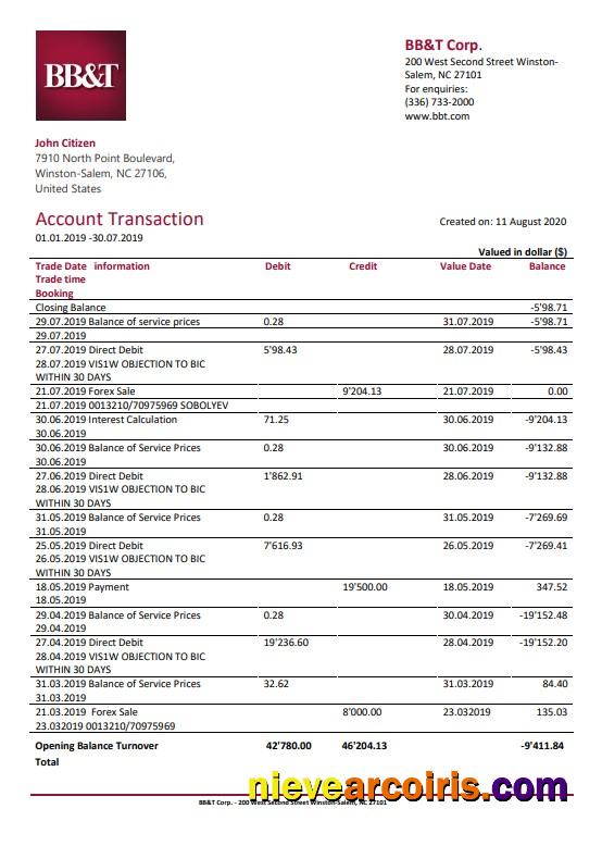 Premium USA North Carolina BB&T Corp. Bank Statement Template In Word And PDF Format