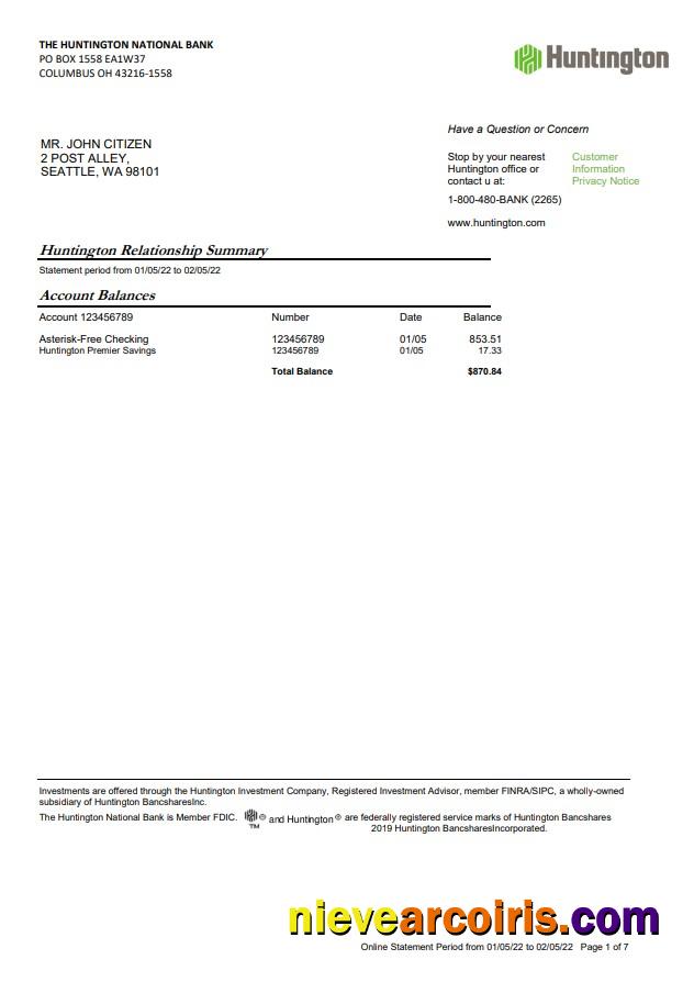 USA Ohio Huntington Bank Statement 7 Page Template