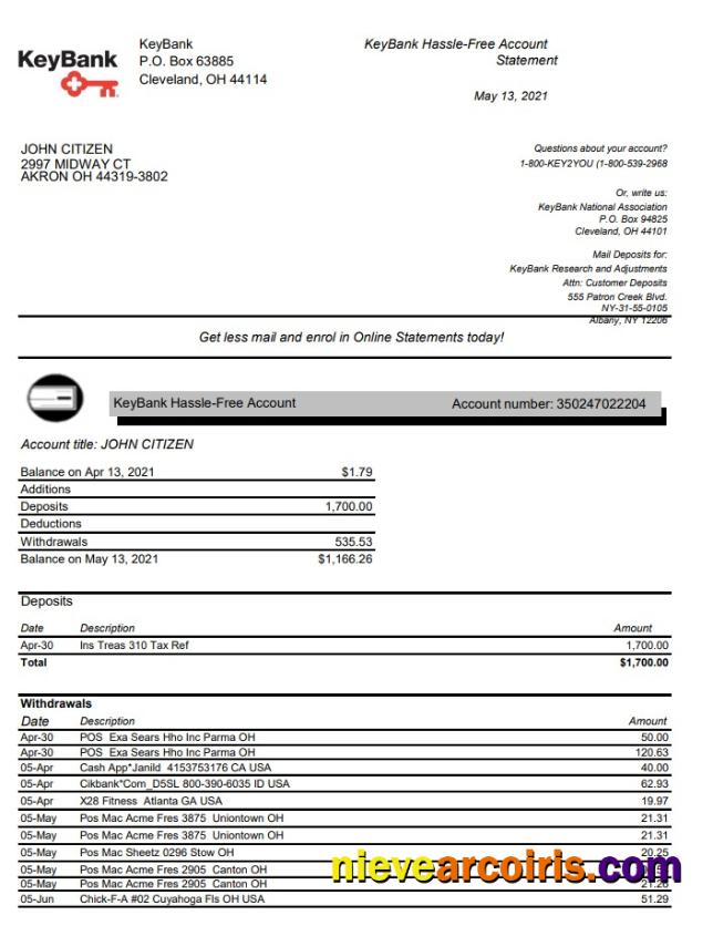 USA Ohio KeyBank Excel Sample