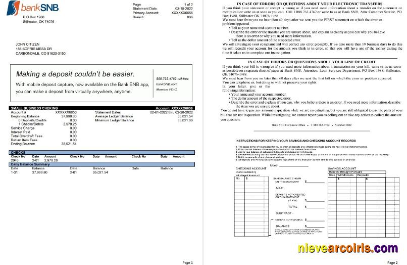 USA Oklahoma SNB Bank Statement 2 Pages Preview