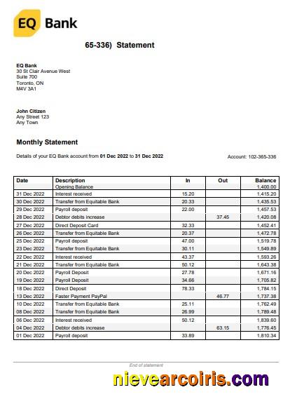 Professional USA Ontario EQ Bank Statement Word And PDF Template