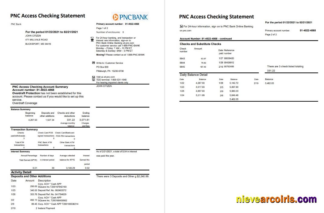 USA PNC 2 Pages Excel Pdf Sample