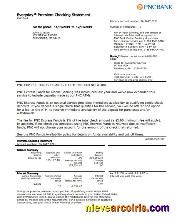 Realistic USA PNC Bank Proof Of Address Statement Template In Word And PDF Format