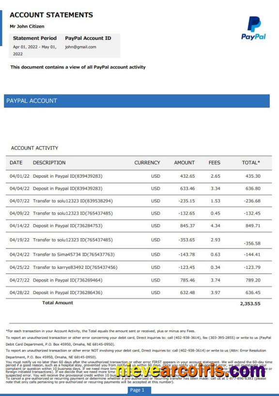 USA PayPal Account Statement Sample