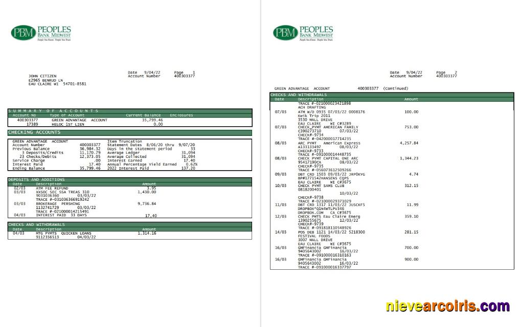 USA Peoples Bank Midwest (PBM) Bank Statement 5 Pages Preview